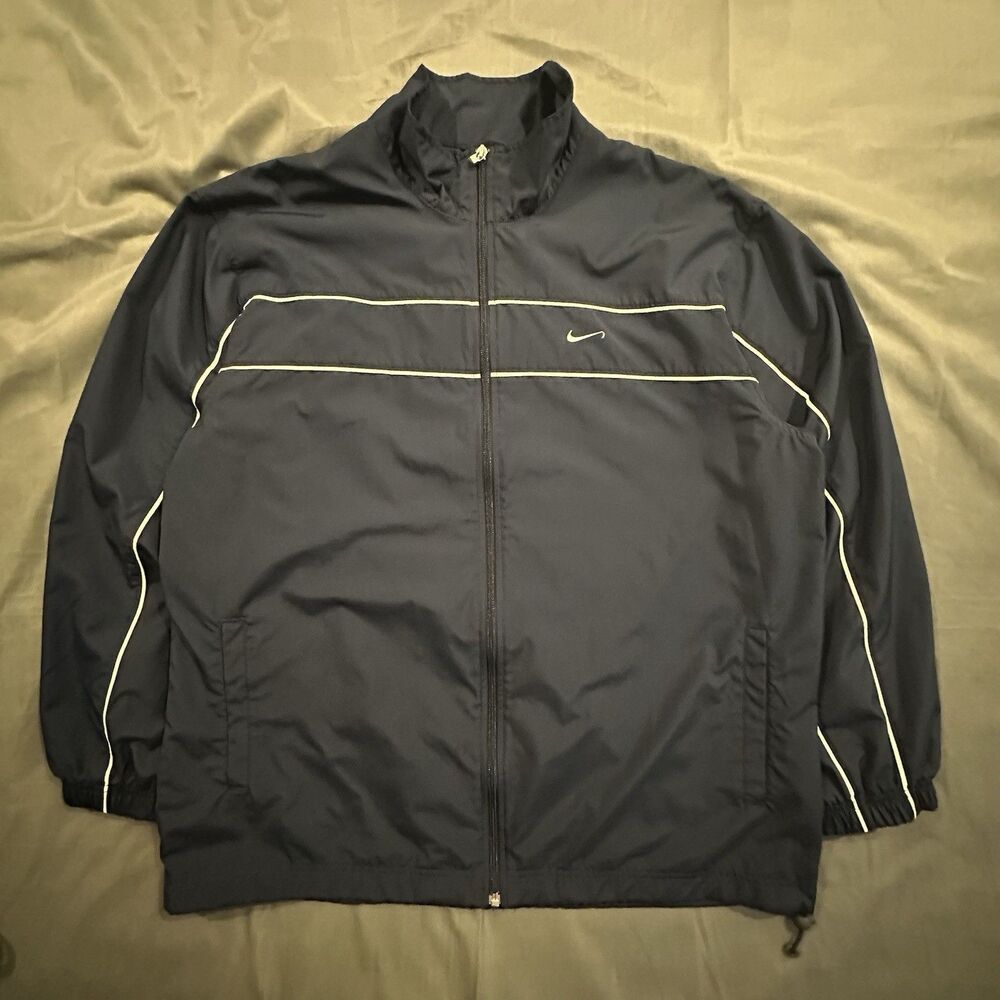 Vintage Nike Track Jacket Full Zip Windbreaker Striped Y2K 00s 90s Navy Blue
